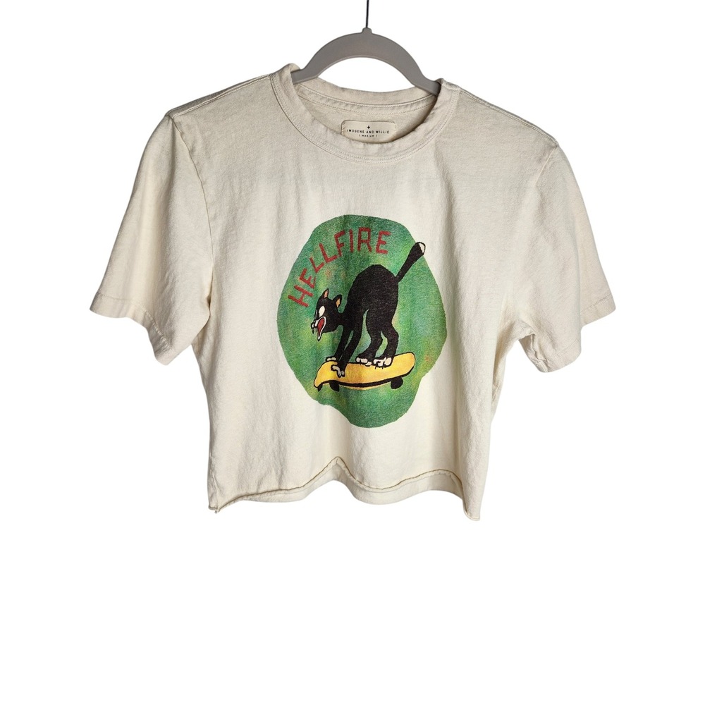Imogene and Willie T-Shirt Women M Cream Hellfire Skateboard Black Cat Cut Hem